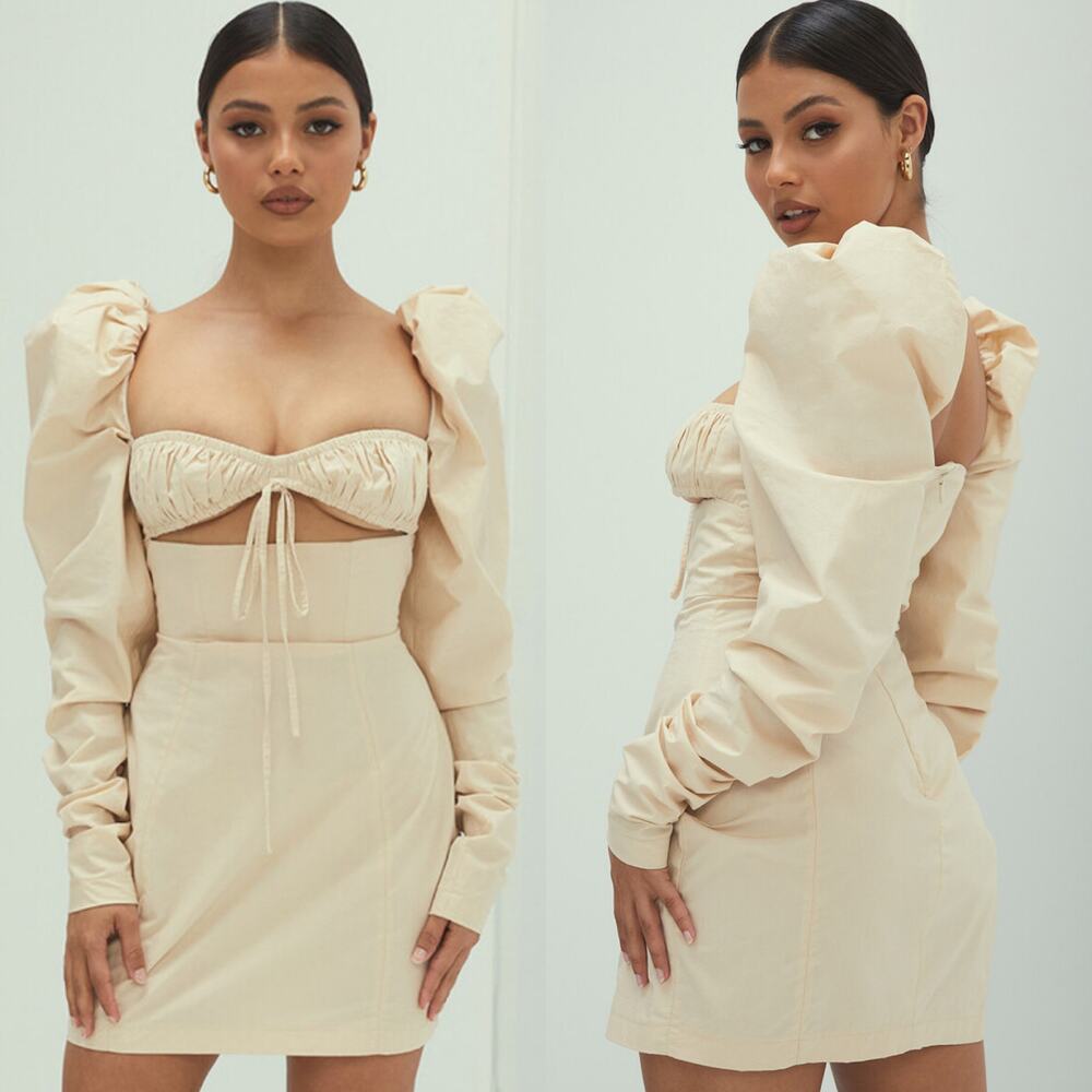 MISTRESS ROCKS HOUSE OF CB Dreamscene Beige Tan Puff Sleeve Cut Out Mini Dress